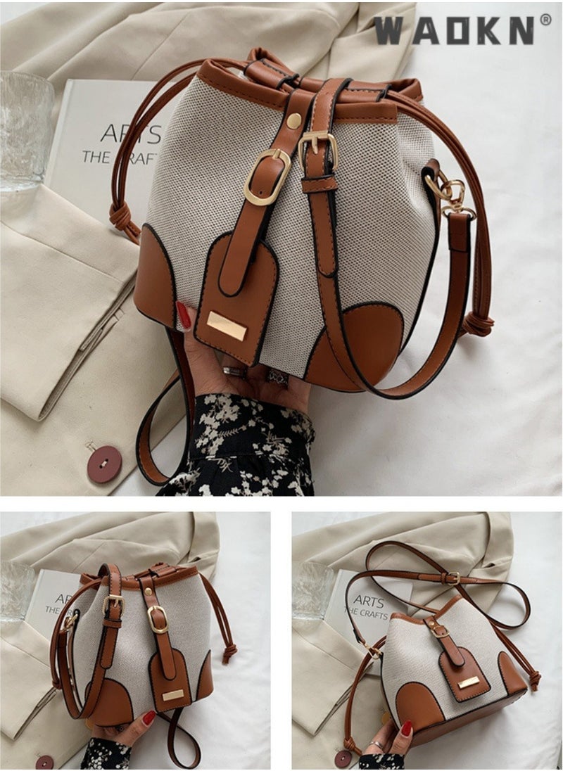 Women's Contrasting Shoulder Bag, Ladies Fashion Canvas Patchwork Bucket Bag Crossbody Bag Sling Bag Side Bag,Carrying Bag,with detachable shoulder strap and top handle,for shopping,work,dating,travel