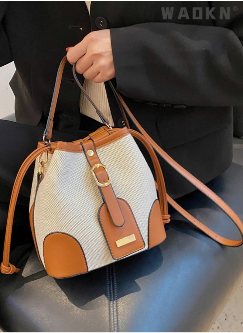 Women's Contrasting Shoulder Bag, Ladies Fashion Canvas Patchwork Bucket Bag Crossbody Bag Sling Bag Side Bag,Carrying Bag,with detachable shoulder strap and top handle,for shopping,work,dating,travel