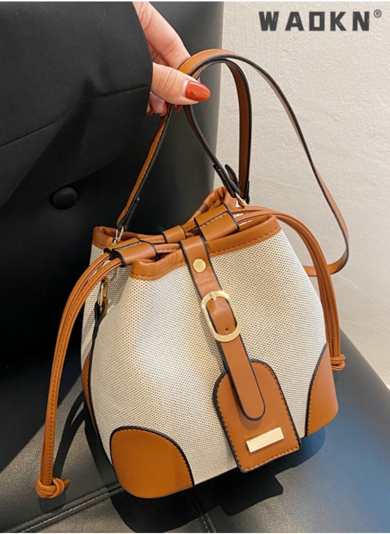 Women's Contrasting Shoulder Bag, Ladies Fashion Canvas Patchwork Bucket Bag Crossbody Bag Sling Bag Side Bag,Carrying Bag,with detachable shoulder strap and top handle,for shopping,work,dating,travel