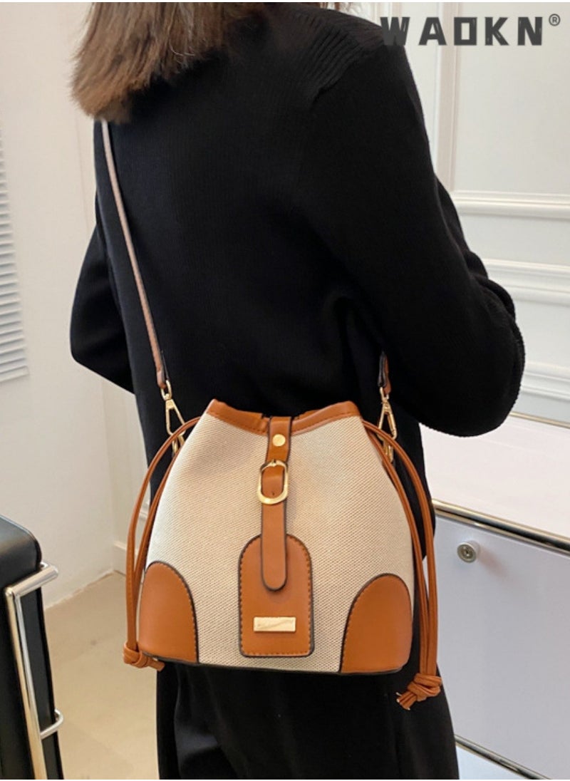 Women's Contrasting Shoulder Bag, Ladies Fashion Canvas Patchwork Bucket Bag Crossbody Bag Sling Bag Side Bag,Carrying Bag,with detachable shoulder strap and top handle,for shopping,work,dating,travel