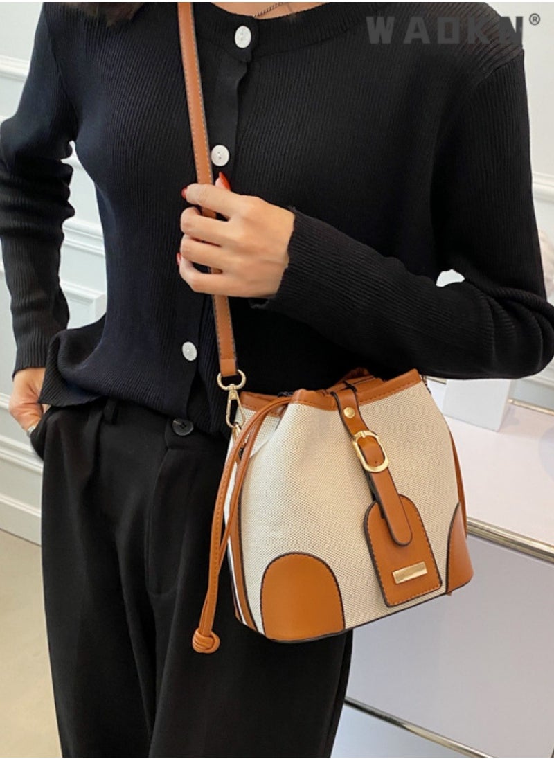 Women's Contrasting Shoulder Bag, Ladies Fashion Canvas Patchwork Bucket Bag Crossbody Bag Sling Bag Side Bag,Carrying Bag,with detachable shoulder strap and top handle,for shopping,work,dating,travel