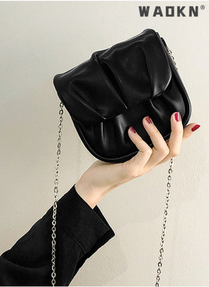 Women's Trendy Pleated Chain Crossbody Bag Sling Bag Side Bag, Ladies Versatile Mini Shoulder Bag Saddle Bag Handbag Carrying Bag Sling Bag for shopping,work,dating,travel