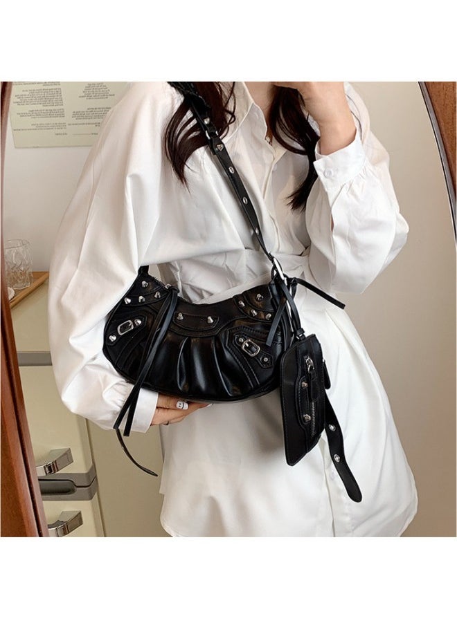 Women's Rivet Shoulder Bag with Integrated Small Card Holder, Ladies New Fashion Armpit Bag Crossbody Bag Sling Bag Side Bag Carry Bag,Fashionable Pleated Wallet Coin Purse,for Runing,Shopping,Travel