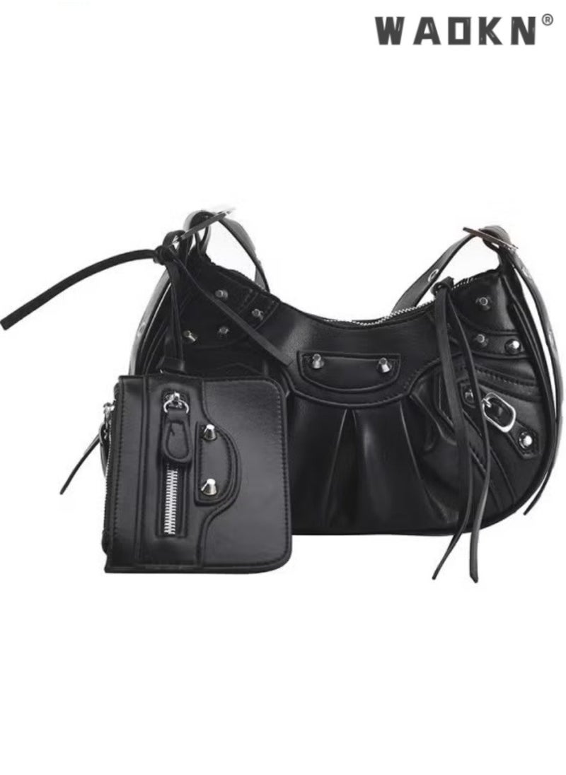 Women's Rivet Shoulder Bag with Integrated Small Card Holder, Ladies New Fashion Armpit Bag Crossbody Bag Sling Bag Side Bag Carry Bag,Fashionable Pleated Wallet Coin Purse,for Runing,Shopping,Travel