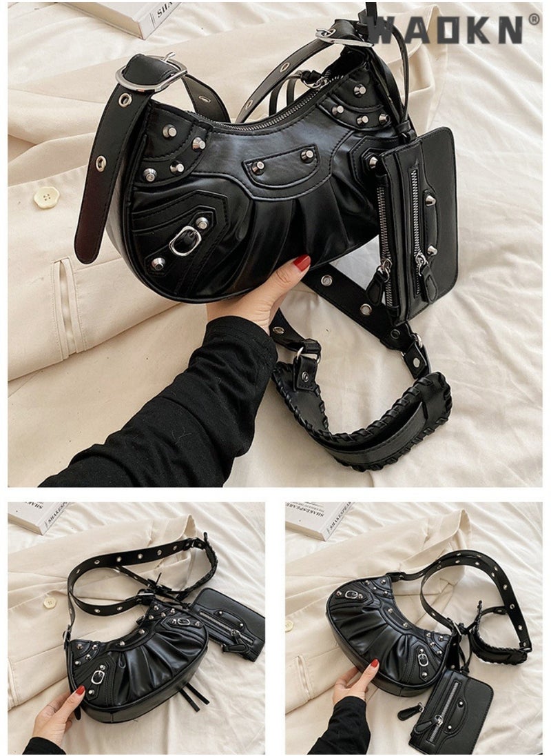 Women's Rivet Shoulder Bag with Integrated Small Card Holder, Ladies New Fashion Armpit Bag Crossbody Bag Sling Bag Side Bag Carry Bag,Fashionable Pleated Wallet Coin Purse,for Runing,Shopping,Travel