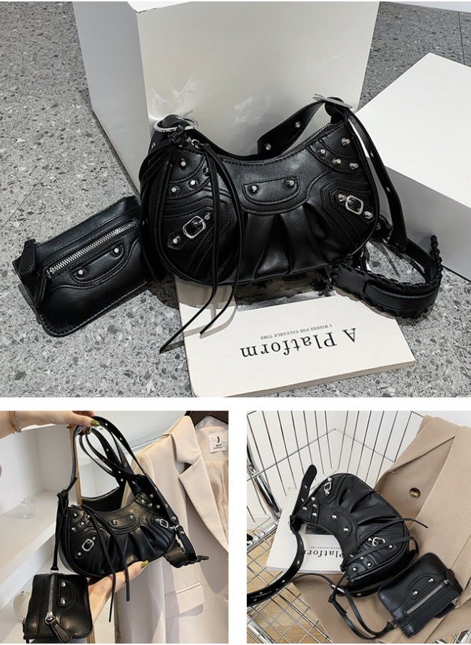 Women's Rivet Shoulder Bag with Integrated Small Card Holder, Ladies New Fashion Armpit Bag Crossbody Bag Sling Bag Side Bag Carry Bag,Fashionable Pleated Wallet Coin Purse,for Runing,Shopping,Travel