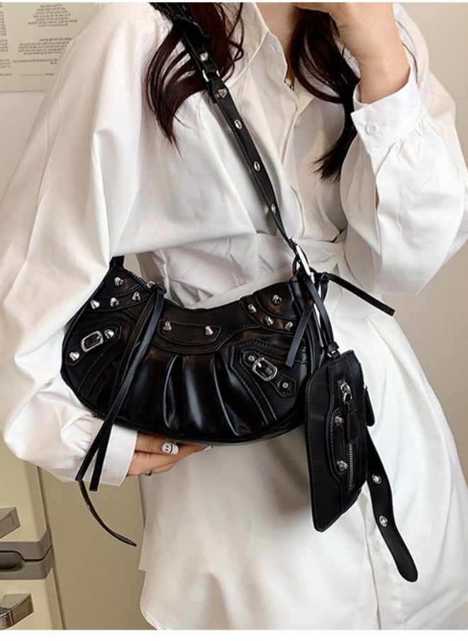 Women's Rivet Shoulder Bag with Integrated Small Card Holder, Ladies New Fashion Armpit Bag Crossbody Bag Sling Bag Side Bag Carry Bag,Fashionable Pleated Wallet Coin Purse,for Runing,Shopping,Travel