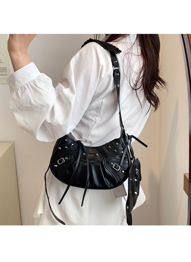 Women's Rivet Shoulder Bag with Integrated Small Card Holder, Ladies New Fashion Armpit Bag Crossbody Bag Sling Bag Side Bag Carry Bag,Fashionable Pleated Wallet Coin Purse,for Runing,Shopping,Travel