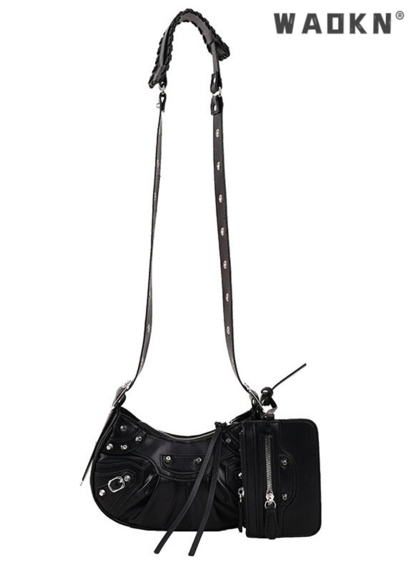 Women's Rivet Shoulder Bag with Integrated Small Card Holder, Ladies New Fashion Armpit Bag Crossbody Bag Sling Bag Side Bag Carry Bag,Fashionable Pleated Wallet Coin Purse,for Runing,Shopping,Travel