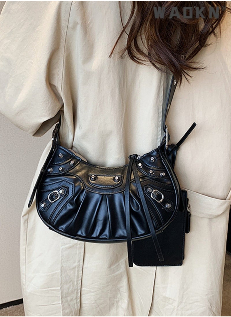 Women's Rivet Shoulder Bag with Integrated Small Card Holder, Ladies New Fashion Armpit Bag Crossbody Bag Sling Bag Side Bag Carry Bag,Fashionable Pleated Wallet Coin Purse,for Runing,Shopping,Travel