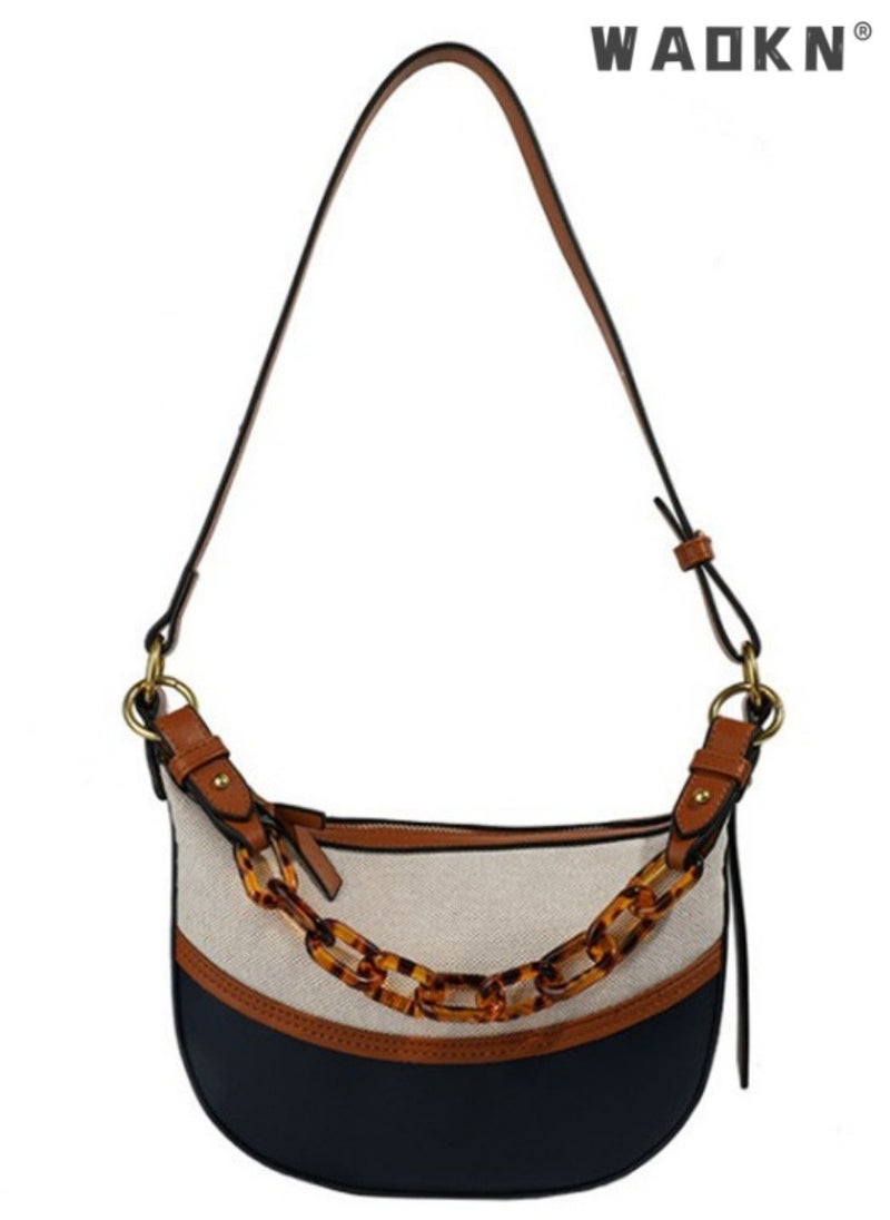 Women's Fashionable Canvas Shoulder Bag, Ladies Contrasting Chain Tote Bag Handbag Clutch Bag Carrying Bag, Textured Underarm Bag Crossbody Bag Sling Bag Side Bag for Girls and Teenagers