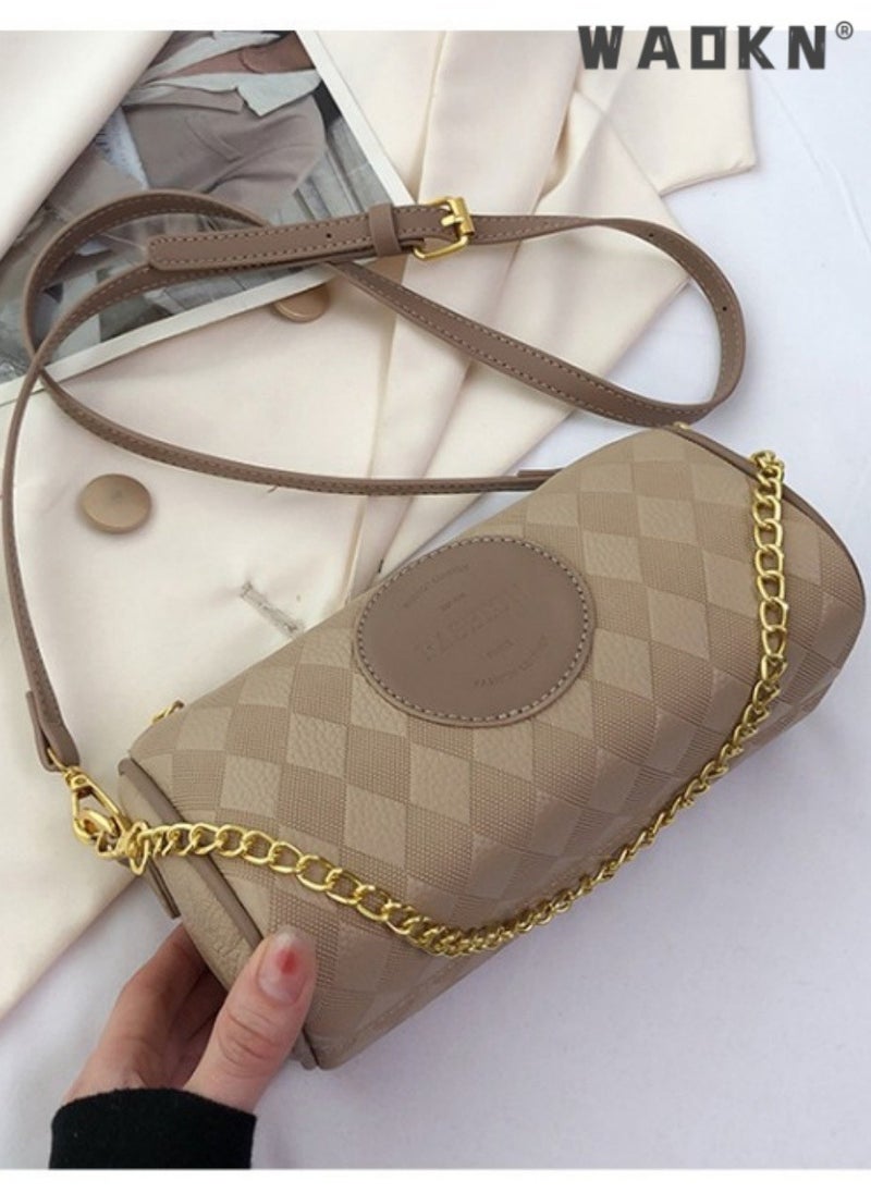 Women's Retro Cylindrical Shoulder Bag,Ladies Fashionable Casual Handbag Tote Bag Carry Bags,Trendy and Versatile Contrast Chain Crossbody Bag Sling Bag(Khaki)