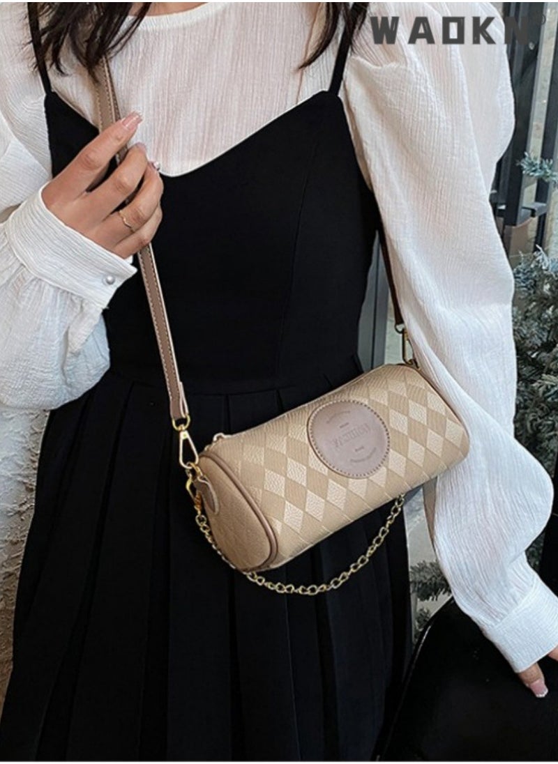Women's Retro Cylindrical Shoulder Bag,Ladies Fashionable Casual Handbag Tote Bag Carry Bags,Trendy and Versatile Contrast Chain Crossbody Bag Sling Bag(Khaki)