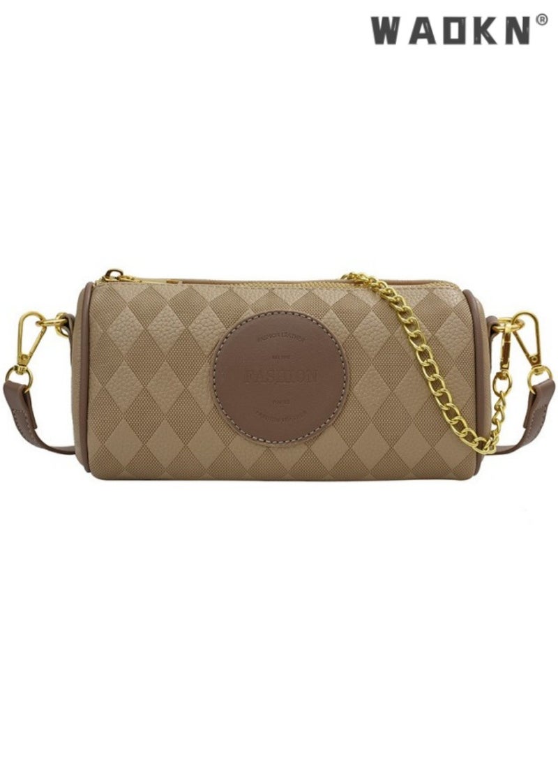 Women's Retro Cylindrical Shoulder Bag,Ladies Fashionable Casual Handbag Tote Bag Carry Bags,Trendy and Versatile Contrast Chain Crossbody Bag Sling Bag(Khaki)