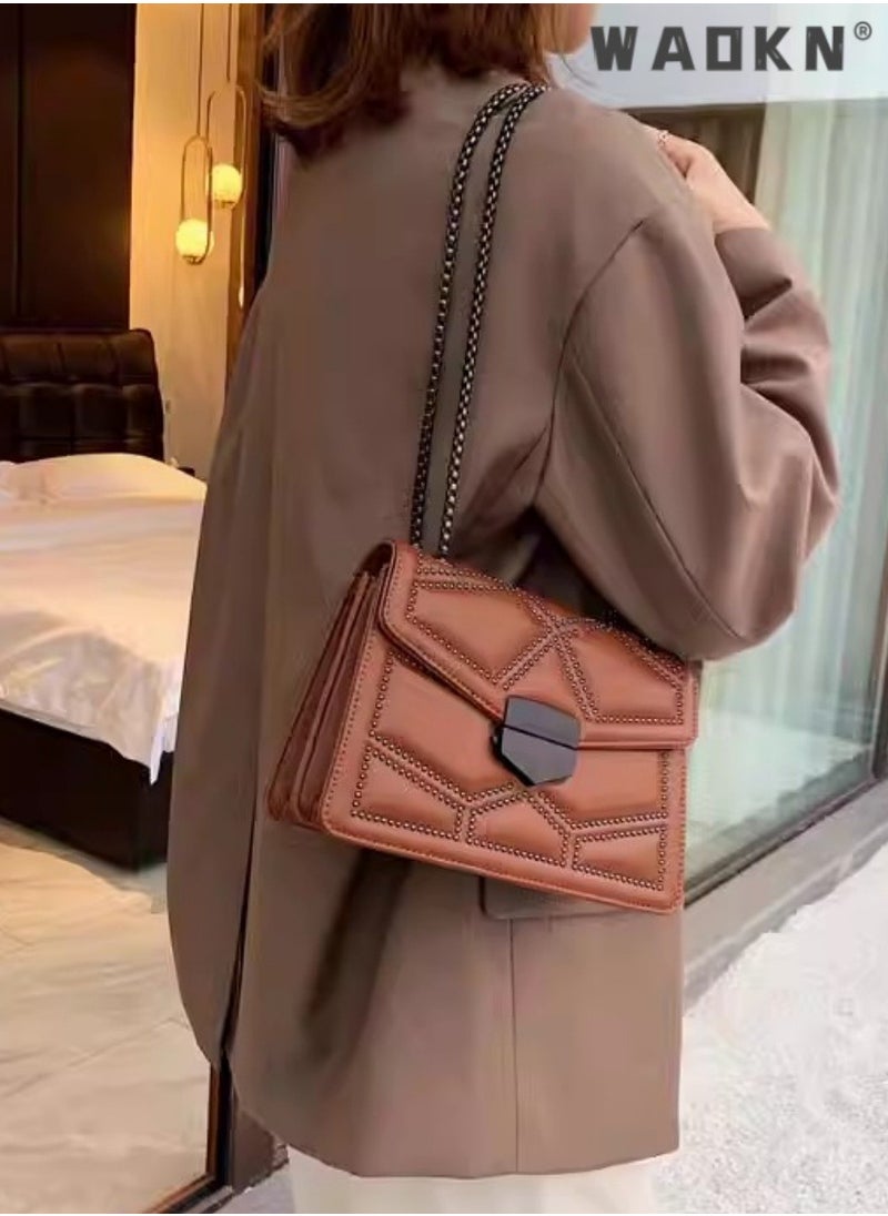 Women's Fashionable and Minimalist Shoulder Bag, Ladies Rivet Chain Small Square Bag Crossbody Bag Sling Bag Side Bag, Daily Commuting Handbag Carry Bag Gift Bag