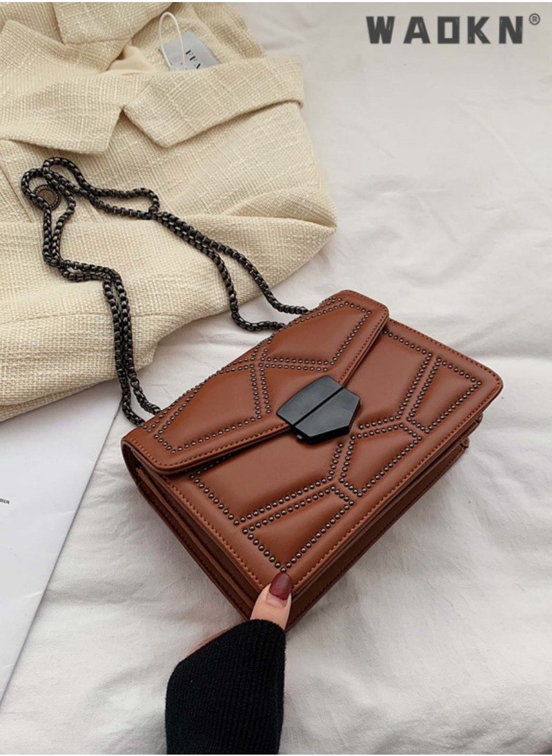 Women's Fashionable and Minimalist Shoulder Bag, Ladies Rivet Chain Small Square Bag Crossbody Bag Sling Bag Side Bag, Daily Commuting Handbag Carry Bag Gift Bag
