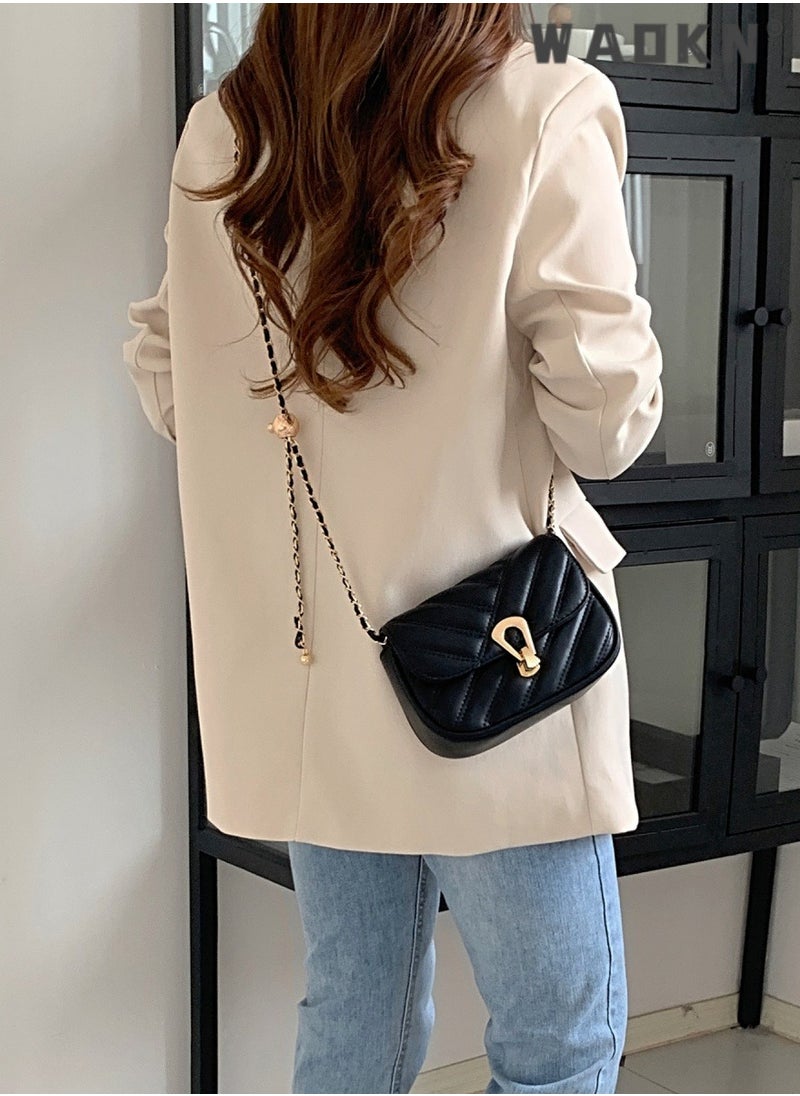 Women's Summer New Trendy High-end Texture Small Fragrant Rhombus Chain Bag Shoulder Bag Messenger Small Bag,Quilted Crossbody Bag with Chain,Black Crossbody Bag,Phone Wallet Purse for Women
