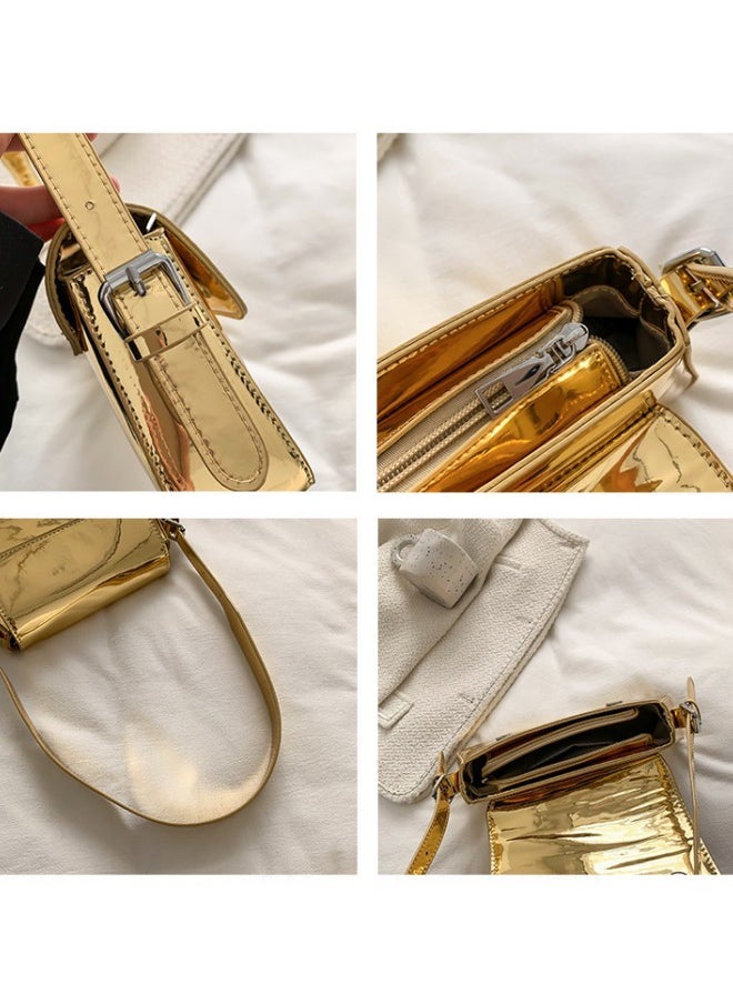 Women's European and American Style Glossy Shoulder Bag, Ladies Fashionable Patent Leather Stick Bag Underarm Bag Side Bag Sling Bag, Textured Shoulder Bag Handbag Carrying Bag Tote Bags(Gold)