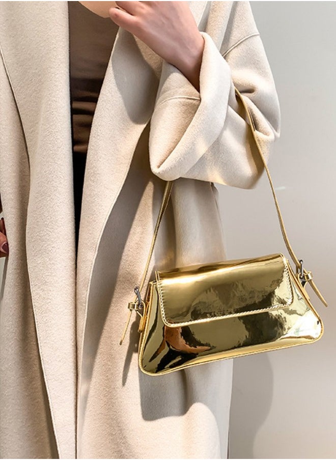Women's European and American Style Glossy Shoulder Bag, Ladies Fashionable Patent Leather Stick Bag Underarm Bag Side Bag Sling Bag, Textured Shoulder Bag Handbag Carrying Bag Tote Bags(Gold)