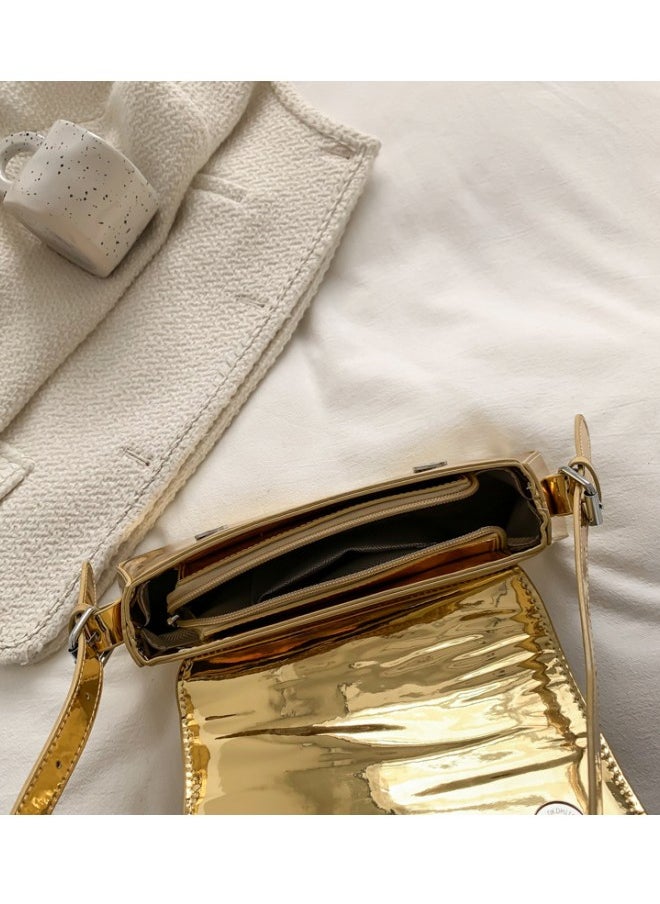 Women's European and American Style Glossy Shoulder Bag, Ladies Fashionable Patent Leather Stick Bag Underarm Bag Side Bag Sling Bag, Textured Shoulder Bag Handbag Carrying Bag Tote Bags(Gold)