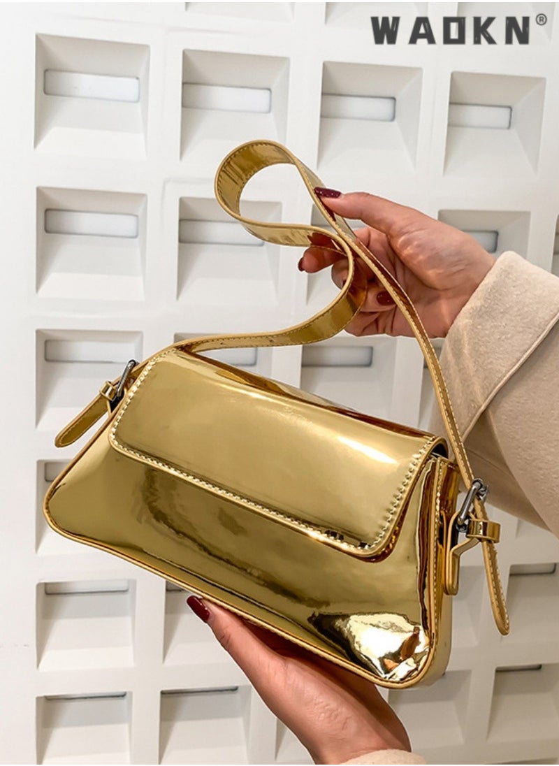 Women's European and American Style Glossy Shoulder Bag, Ladies Fashionable Patent Leather Stick Bag Underarm Bag Side Bag Sling Bag, Textured Shoulder Bag Handbag Carrying Bag Tote Bags(Gold)