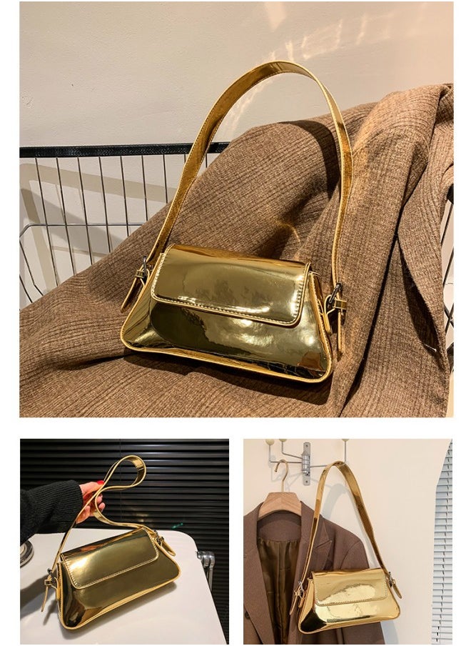 Women's European and American Style Glossy Shoulder Bag, Ladies Fashionable Patent Leather Stick Bag Underarm Bag Side Bag Sling Bag, Textured Shoulder Bag Handbag Carrying Bag Tote Bags(Gold)