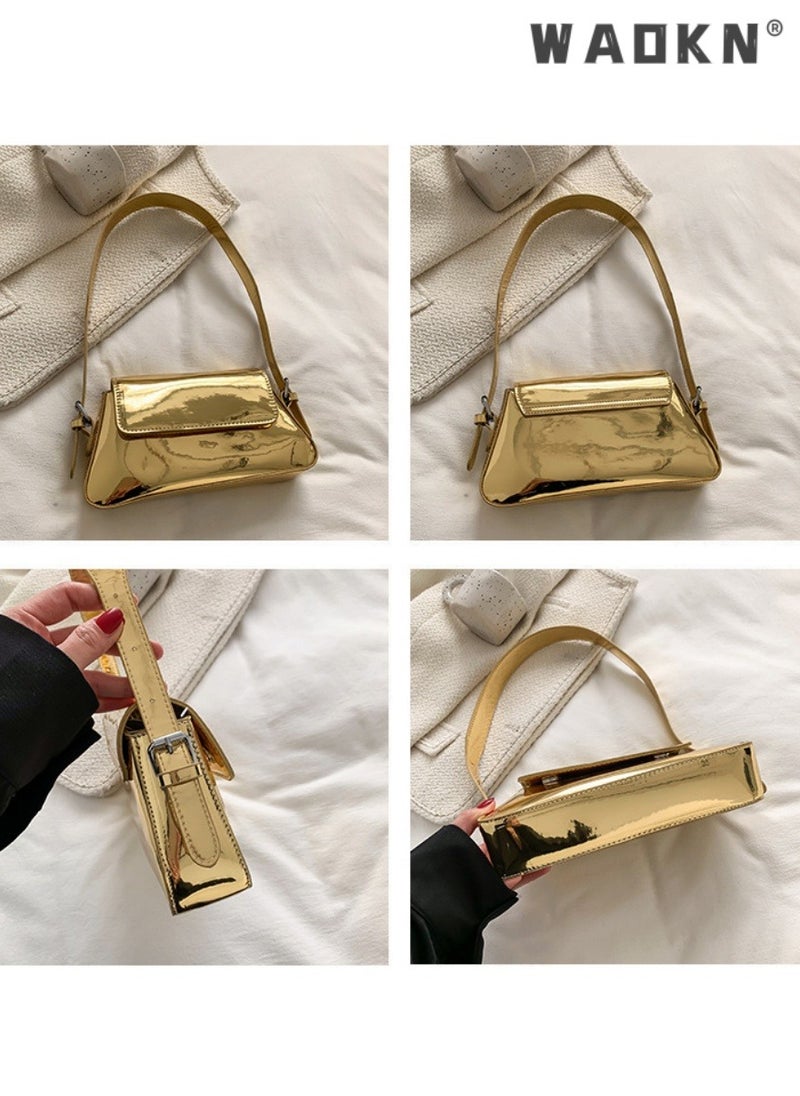 Women's European and American Style Glossy Shoulder Bag, Ladies Fashionable Patent Leather Stick Bag Underarm Bag Side Bag Sling Bag, Textured Shoulder Bag Handbag Carrying Bag Tote Bags(Gold)