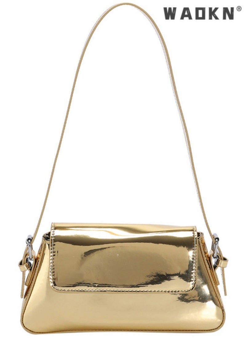 Women's European and American Style Glossy Shoulder Bag, Ladies Fashionable Patent Leather Stick Bag Underarm Bag Side Bag Sling Bag, Textured Shoulder Bag Handbag Carrying Bag Tote Bags(Gold)