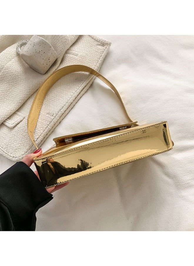 Women's European and American Style Glossy Shoulder Bag, Ladies Fashionable Patent Leather Stick Bag Underarm Bag Side Bag Sling Bag, Textured Shoulder Bag Handbag Carrying Bag Tote Bags(Gold)