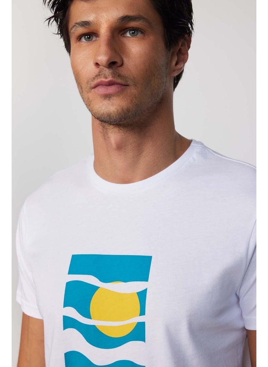 Men's Slim Fit Narrow Cut 100% Cotton Soft Textured Printed White Crew Neck T-Shirt
