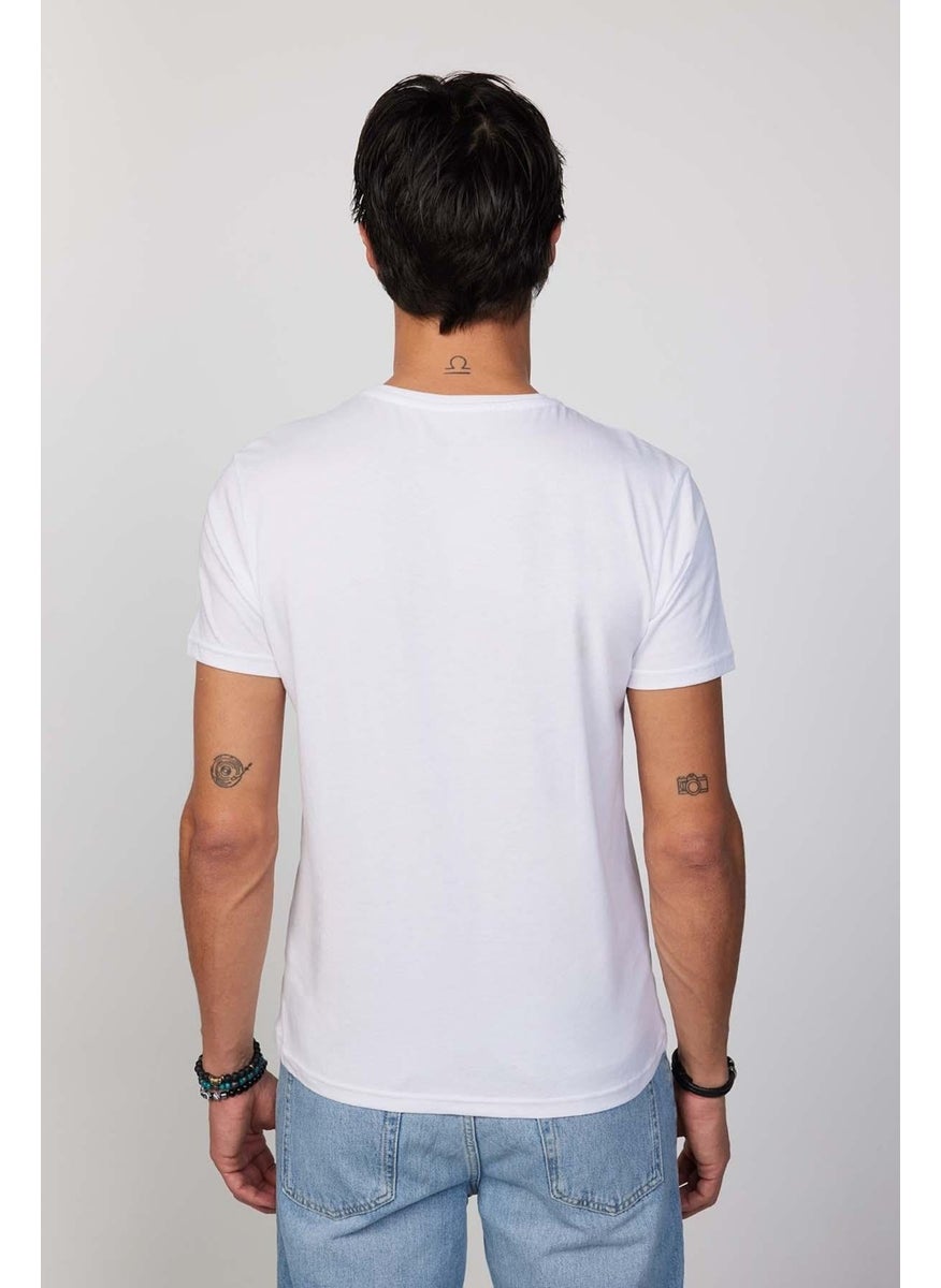 Men's Slim Fit Narrow Cut 100% Cotton Soft Textured Printed White Crew Neck T-Shirt