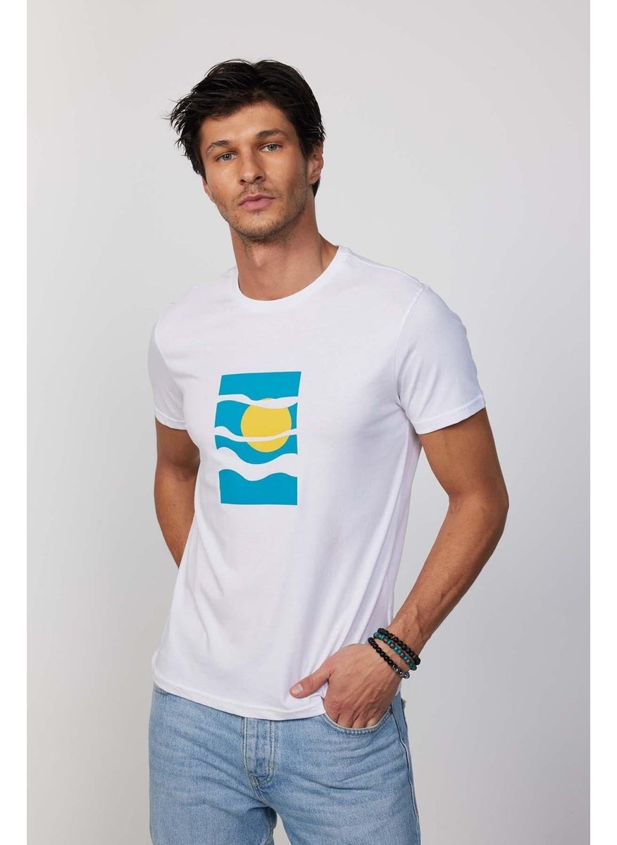Men's Slim Fit Narrow Cut 100% Cotton Soft Textured Printed White Crew Neck T-Shirt