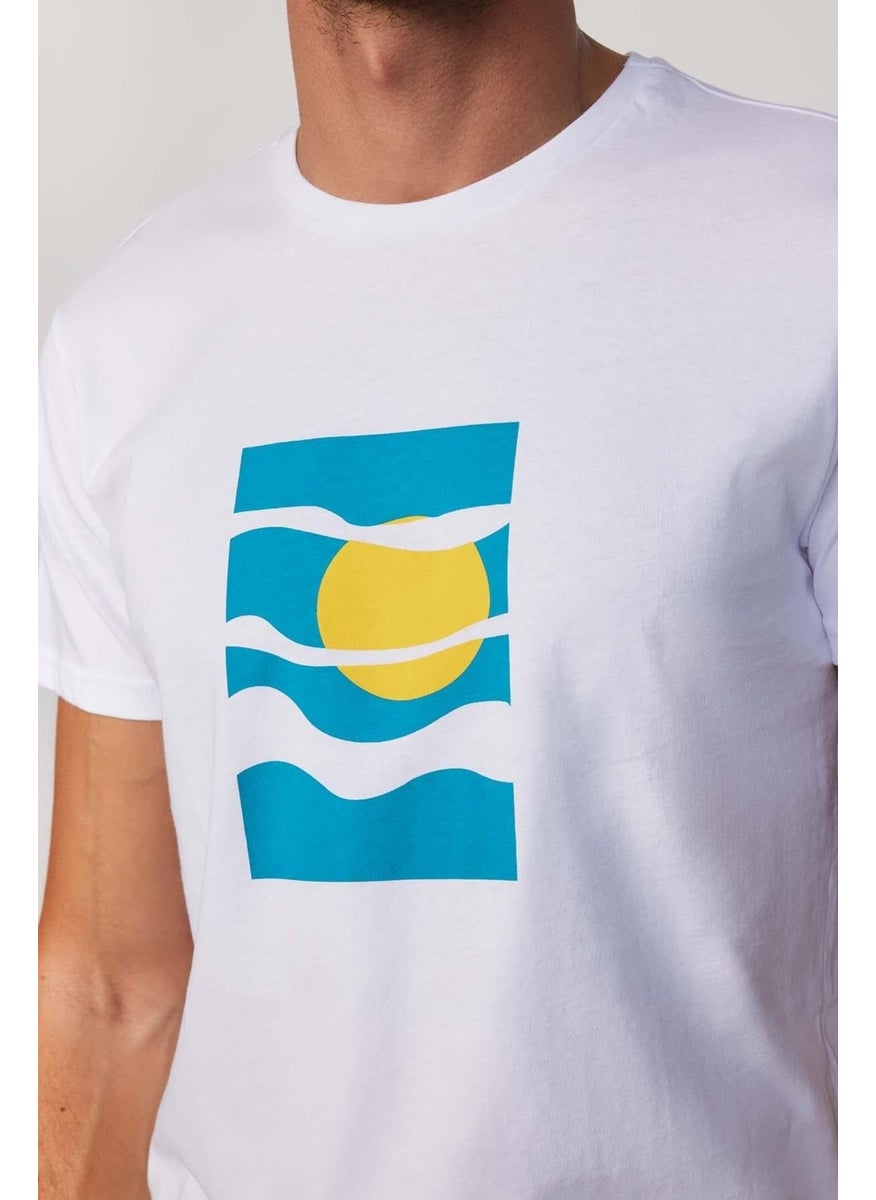 Men's Slim Fit Narrow Cut 100% Cotton Soft Textured Printed White Crew Neck T-Shirt
