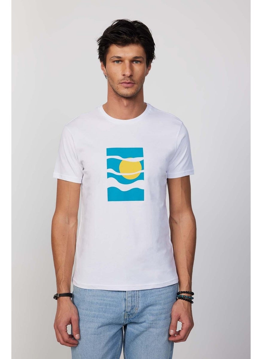 Men's Slim Fit Narrow Cut 100% Cotton Soft Textured Printed White Crew Neck T-Shirt
