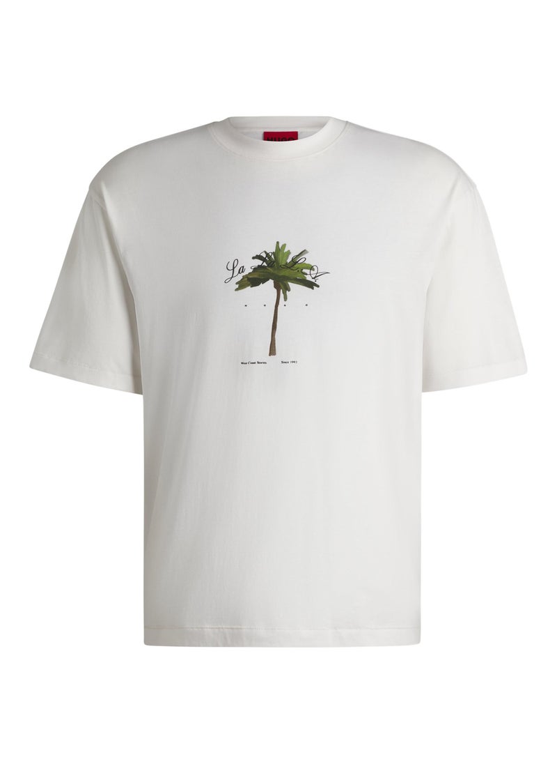Cotton-jersey T-shirt with palm-tree print