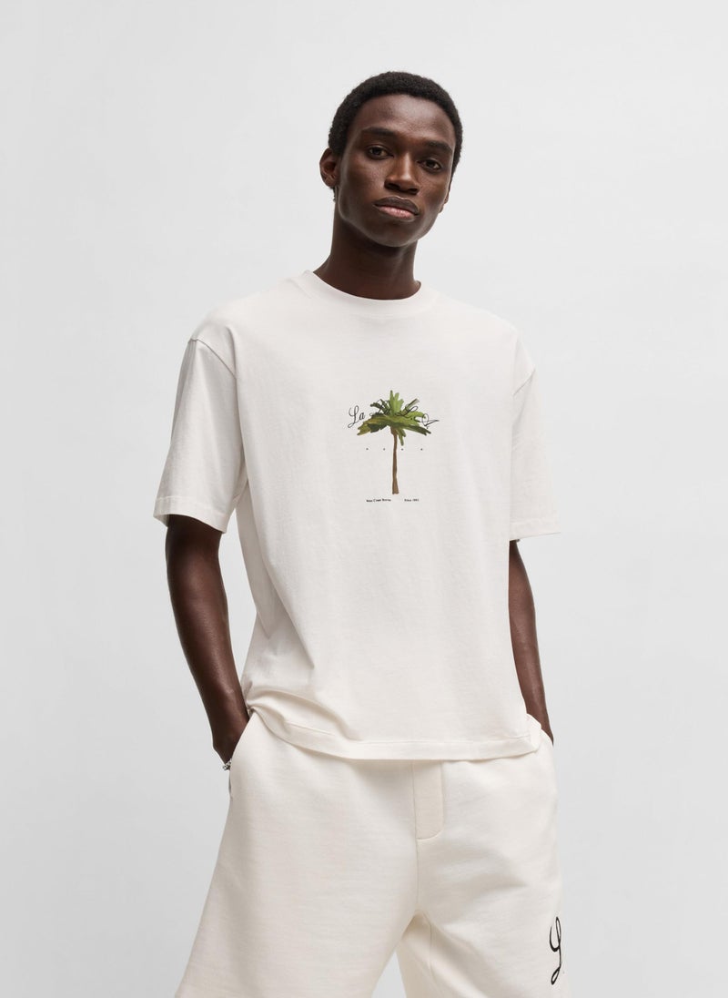 Cotton-jersey T-shirt with palm-tree print