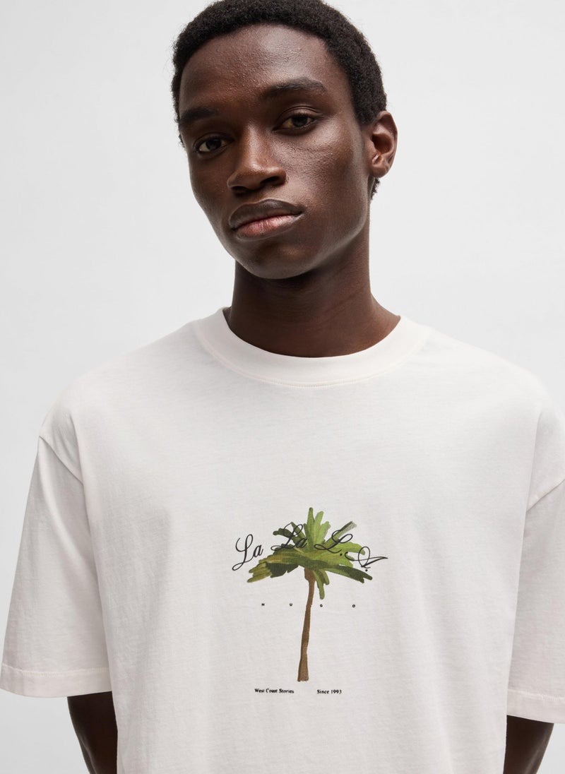 Cotton-jersey T-shirt with palm-tree print