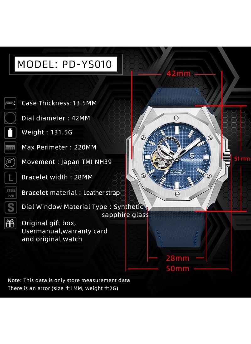 New Fashion Men's Automatic Mechanical Watches, 42MM Stainless Steel Frame With Synthetic Sapphire Watch Window And Luminous Hands, Leather Strap, Fashionable And Versatile, PD YS010