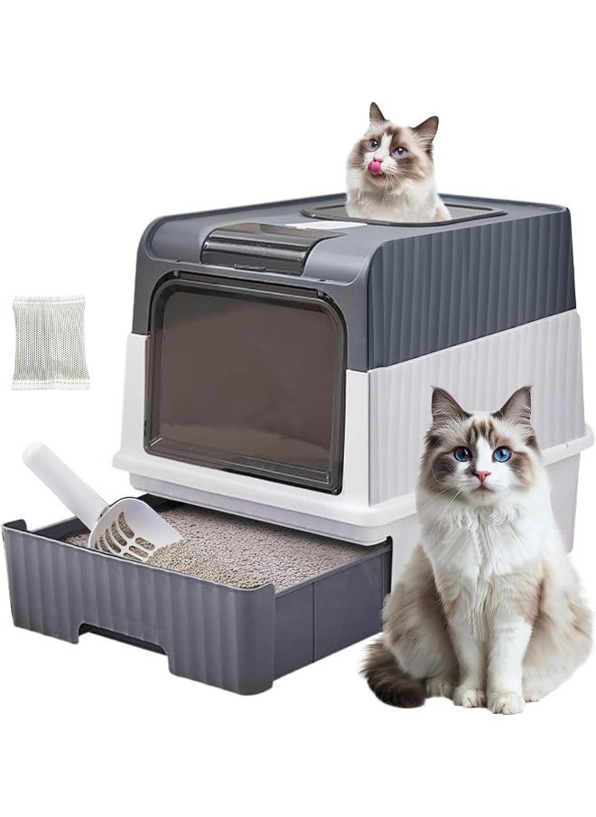 Cat Litter Box with Scoop, Foldable Closed Large Cat Litter Box with Lid, Easy to Clean Oversized Anti-Splash Anti-Leakage Sand Splash-Proof Closed