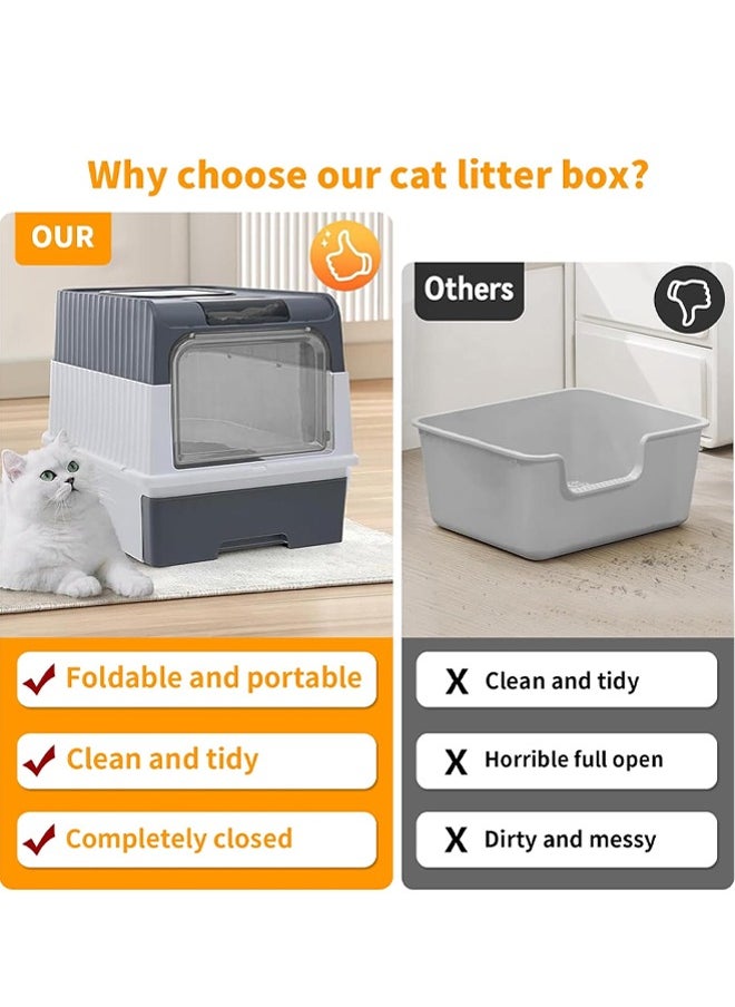 Cat Litter Box with Scoop, Foldable Closed Large Cat Litter Box with Lid, Easy to Clean Oversized Anti-Splash Anti-Leakage Sand Splash-Proof Closed