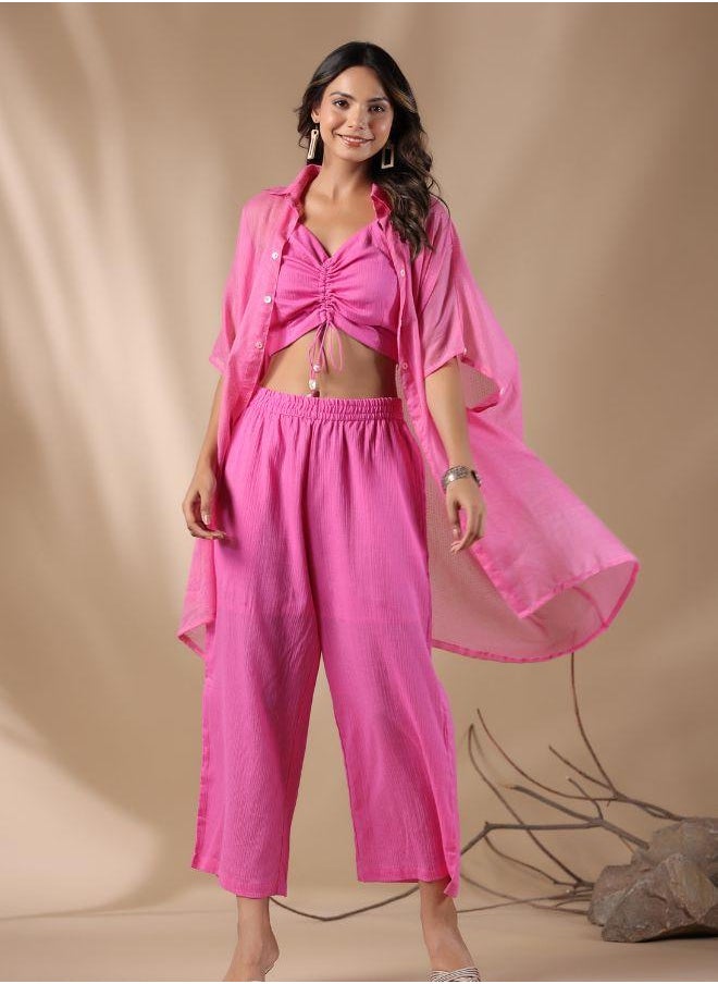 Trendy Pink Ruched Crop Top with Sheer Button-Up Shirt