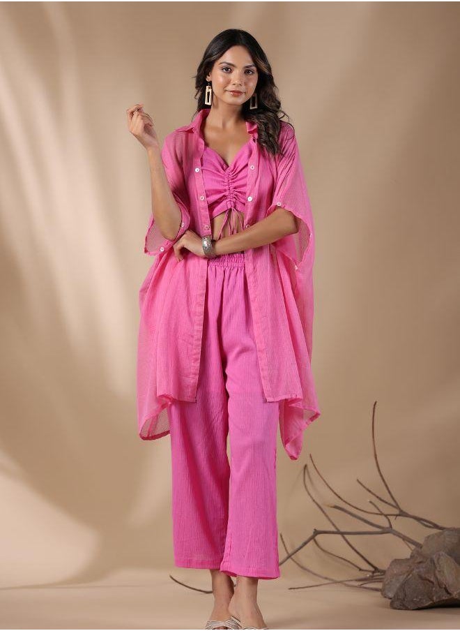 Trendy Pink Ruched Crop Top with Sheer Button-Up Shirt