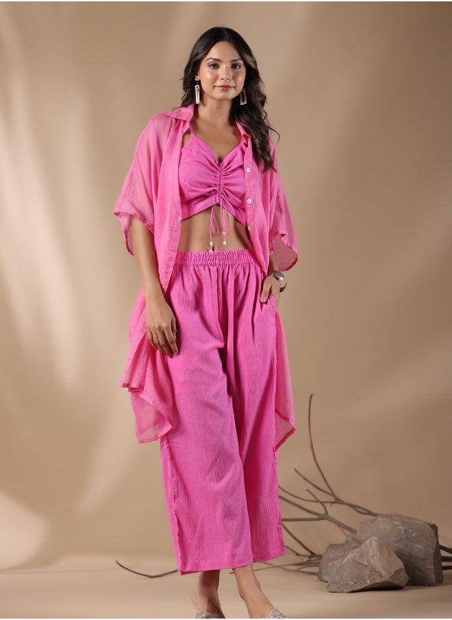 Trendy Pink Ruched Crop Top with Sheer Button-Up Shirt