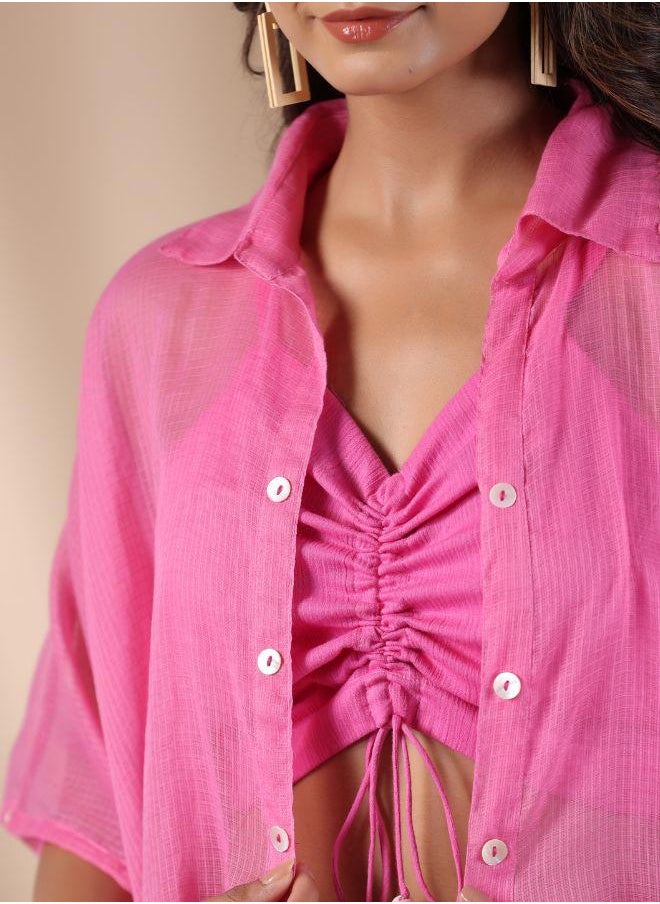 Trendy Pink Ruched Crop Top with Sheer Button-Up Shirt