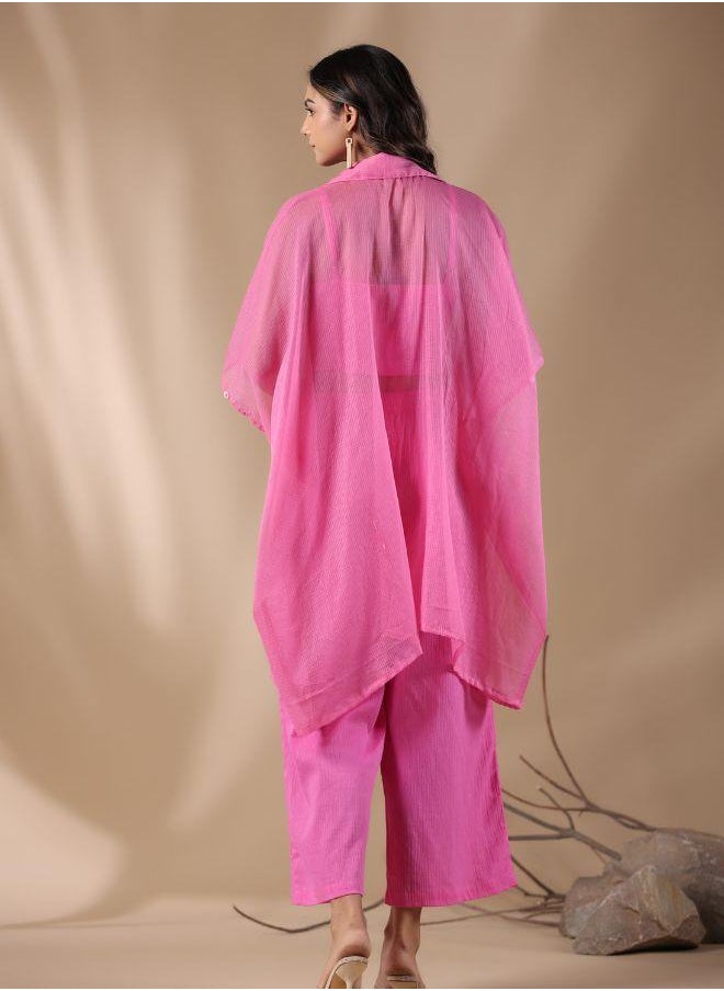 Trendy Pink Ruched Crop Top with Sheer Button-Up Shirt