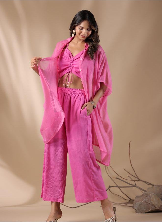 Trendy Pink Ruched Crop Top with Sheer Button-Up Shirt