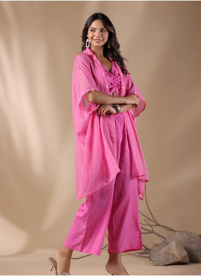 Trendy Pink Ruched Crop Top with Sheer Button-Up Shirt