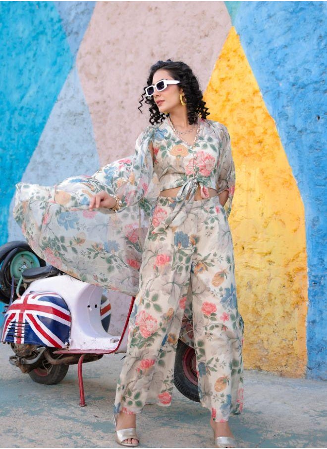 Cream Floral Print Three-Piece Set with Sheer Cape