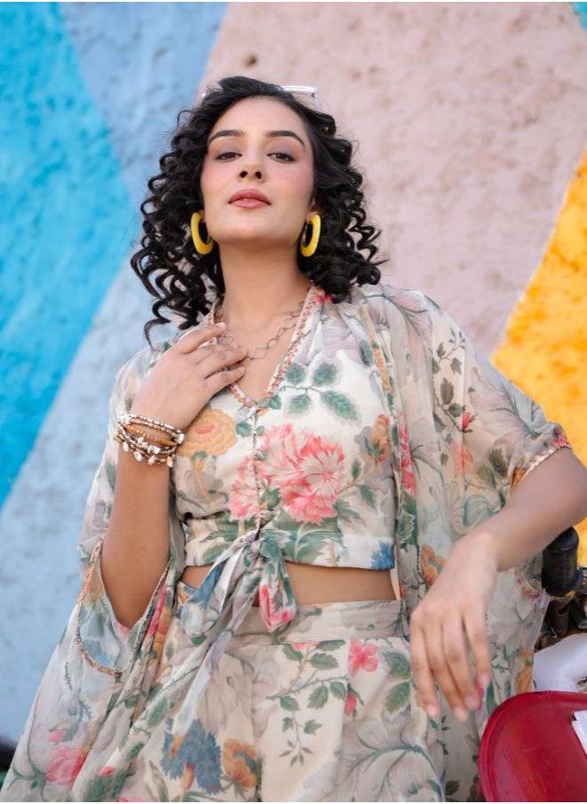 Cream Floral Print Three-Piece Set with Sheer Cape