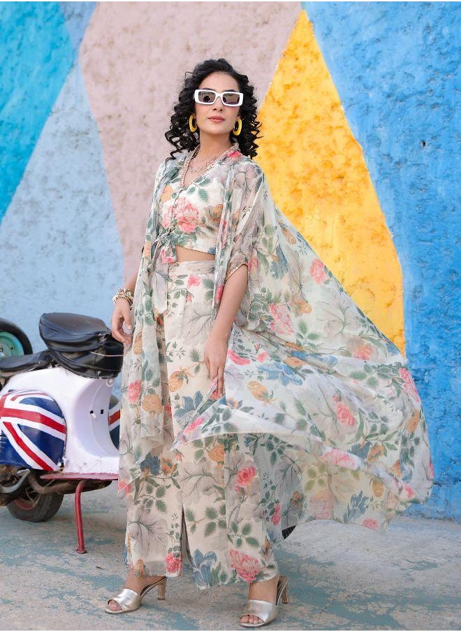 Cream Floral Print Three-Piece Set with Sheer Cape